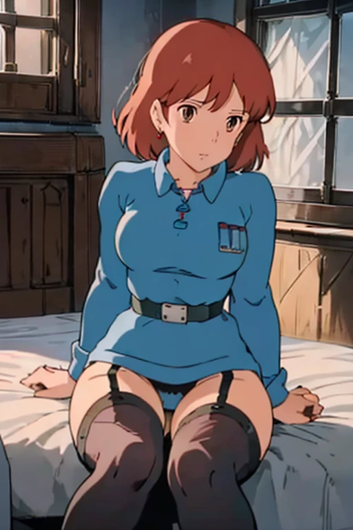 (masterpiece, highest quality, High resolution, Anime screenshots, Anime Color, 8k, Realistic), Nausicaä of the Valley of the Wind, very cute, beautiful girl,  Big Tits, alone, Reddish brown hair, Short Bob Hair, Red Gem Earrings, blush, (Looking at the au...