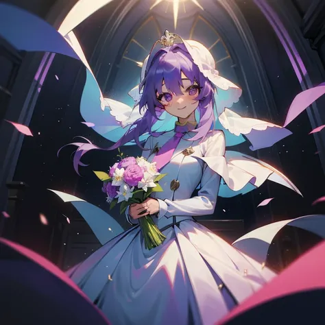 (Masterpiece), Best Quality, expressive eyes, a perfect face, 1girl, solo, purple hair, rainbow eyes, in the church, wedding, wedding  magical donut dress, pretty cure, veil, blusher, Smile, Bouquet in hand, look at the viewer, Shinoa hiiragi, Shinoa attra...