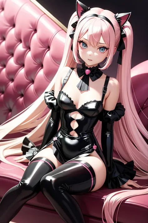 Cat-eared girl in black and pink costume sitting on pink sofa, seductive anime girls, small curvaceous , 8K high quality detailed art, anime highly detailed, beautiful and seductive anime woman, anime barbie in white stockings, 2b, 2 b, Fine details. Girl ...