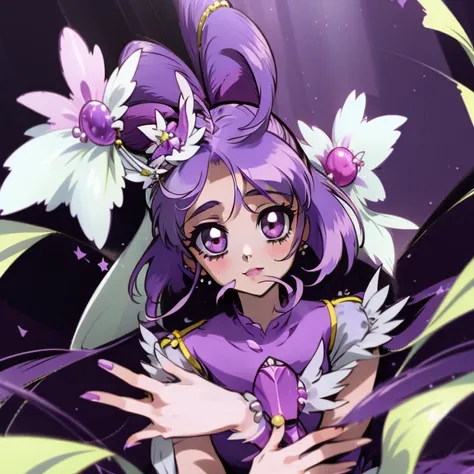 (Masterpiece), Best Quality, expressive eyes, a perfect face, 1girl, solo, purple hair, rainbow eyes, in the church, wedding, wedding  magical donut dress, pretty cure, veil, blusher, Smile, Bouquet in hand, look at the viewer, Shinoa hiiragi, Shinoa attra...