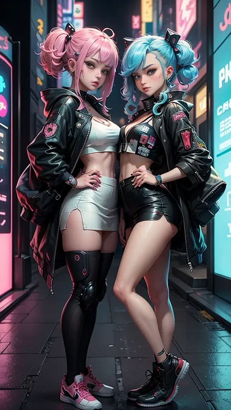 masterpiece, best quality, 2 cyberpunk girls standing together taking selfie portrait, ((((harajuku-inspired cyberpunk clothing)...