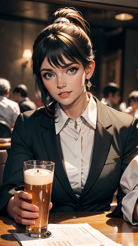 Girl with short ponytail wearing formal suit lying on restaurant table,  Clear Eyes, Perfect body,  (Looking down at the viewer:0.8), (Purelos Face_v1:0.2), Removable sleeves, Open your mouth, bangs, One girl, Shiny skin, (masterpiece;1.0), (Realistic:1.4)...