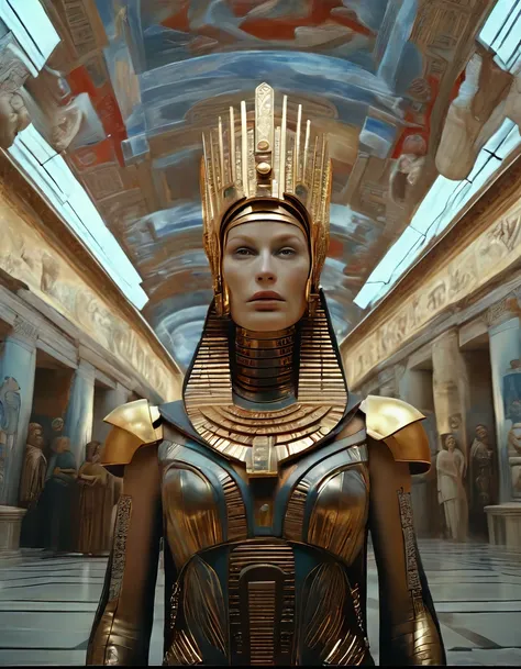 cinematic film still, close up, a robot woman stands tall, half-human half machine, amongst an ancient greek gallery of painting...