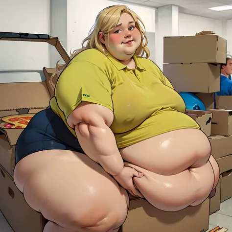 (masterpiece, best quality, highres, detailed, realistic:1.2), young woman, pizza delivery outfit, USSBBW, (morbidly obese:1.3), (fatblob:1.3), (detailed face, beautiful face), high aesthetic, embarassed expression, small smile, blonde, empty pizza box