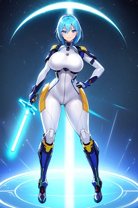 1girl, blue hair, very short hait, blue eyes, light skin, light-skinned female, hourglass figure, large breasts, lightsaber, sword, standing, full body, ((full_body)), pilot suit, bodysuit, white bodysuit, neon, neon trim, neon light, machinery, futuristic...