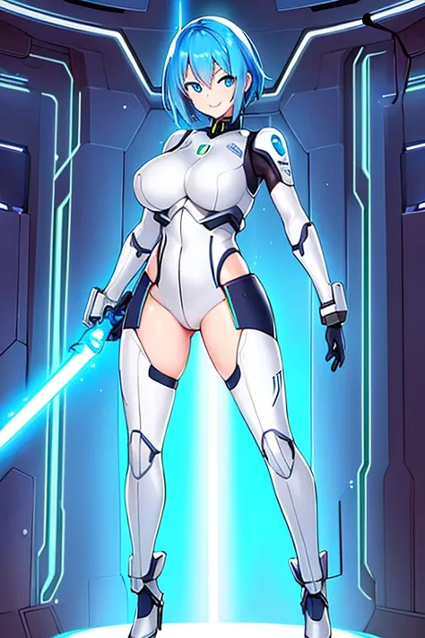 1girl, blue hair, very short hait, blue eyes, light skin, light-skinned female, hourglass figure, large breasts, lightsaber, sword, standing, full body, ((full_body)), pilot suit, bodysuit, white bodysuit, neon, neon trim, neon light, machinery, futuristic...