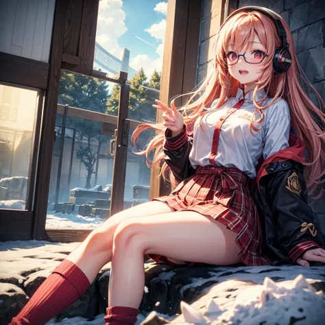 Pink gold golden hair、Red eyes、One good looking girl、solo、anime、Checkered mini skirt、The skirt has buttons、Red T-shirt、Long sleeve、China、Cape、Black knee-high socks、Wearing headphones、Wearing a ribbon、Ribbon on waist、Tilting face、Teeth are visible、Sunset sk...