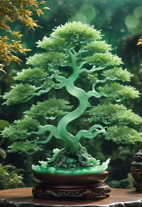 best quality, very good, 16K, ridiculous, Extremely detailed, Gorgeous big tree，Made of translucent jadeite, Background grassland（（A masterpiece full of fantasy elements）））， （（best quality））， （（Intricate details））（8k）