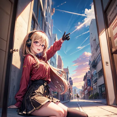 Pink gold golden hair、Red eyes、One good looking girl、solo、anime、Checkered mini skirt、The skirt has buttons、Red T-shirt、Long sleeve、China、Cape、Black knee-high socks、Wearing headphones、Wearing a ribbon、Ribbon on waist、Tilting face、Teeth are visible、Sunset sk...