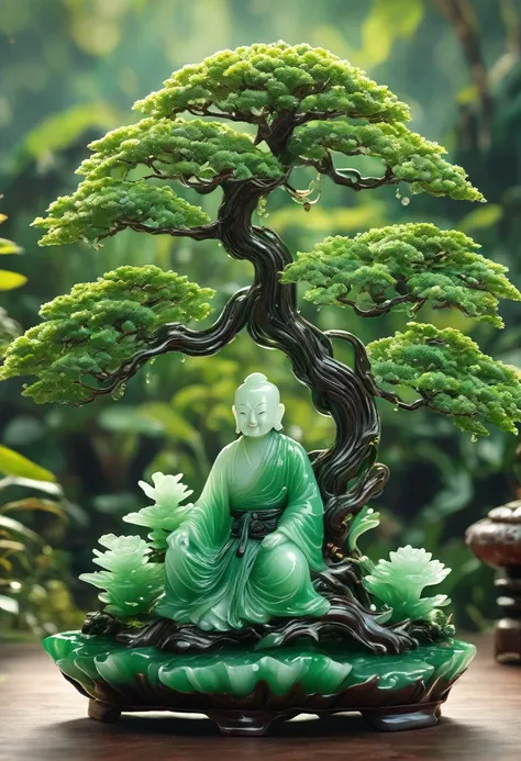 best quality, very good, 16K, ridiculous, Extremely detailed, Gorgeous big tree，Monk，Made of translucent jadeite, Background grassland（（A masterpiece full of fantasy elements）））， （（best quality））， （（Intricate details））（8k）