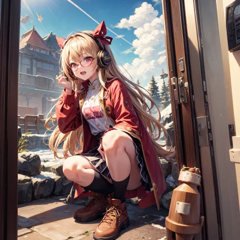 Pink gold golden hair、Red eyes、One good looking girl、solo、anime、Checkered mini skirt、The skirt has buttons、Red T-shirt、Long sleeve、China、Cape、Black knee-high socks、Wearing headphones、Wearing a ribbon、Ribbon on waist、Tilting face、Teeth are visible、Sunset sk...