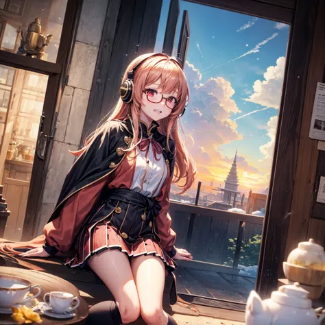 Pink gold golden hair、Red eyes、One good looking girl、solo、anime、Checkered mini skirt、The skirt has buttons、Red T-shirt、Long sleeve、China、Cape、Black knee-high socks、Wearing headphones、Wearing a ribbon、Ribbon on waist、Tilting face、Teeth are visible、Sunset sk...