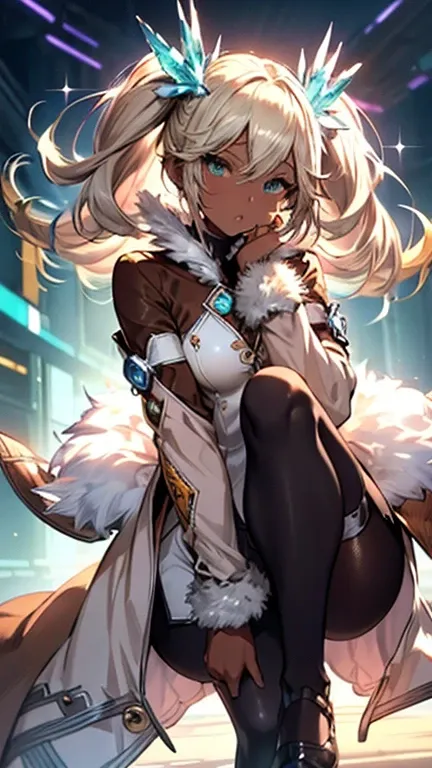 Iooiklas,Platinum Blonde Hair,Twin tails, hair ornaments, White Dress, Black knee socks, 
Removable sleeves,Complex eyes,Beautiful fine details,Symmetrical eyes,Big eyes:1.5,Seductive eyes, 
(((dark skin,dark_skin,lustrous skin:1.5,bright skin: 1.5,
skin t...