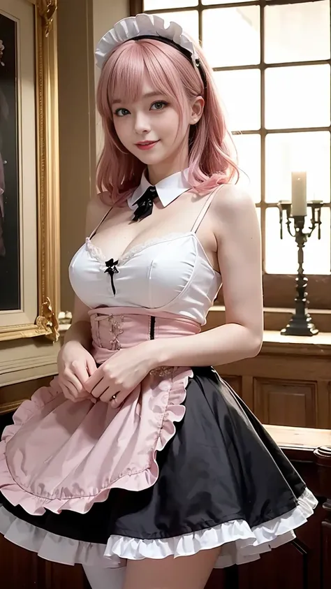 Browsing Caution，(Very delicate，highest quality、8k），(Man and mature woman having sex)，Pitch-dark room，Now，Lure，smile，blush，Pink Gold Haired Maid ，Gothic Maid，skirt，Luxurious interior，