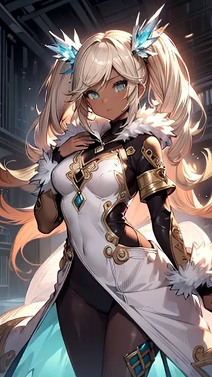 Iooiklas,Platinum Blonde Hair,Twin tails, hair ornaments, White Dress, Black knee socks, 
Removable sleeves,Complex eyes,Beautiful fine details,Symmetrical eyes,Big eyes:1.5,Seductive eyes, 
(((dark skin,dark_skin,lustrous skin:1.5,bright skin: 1.5,
skin t...