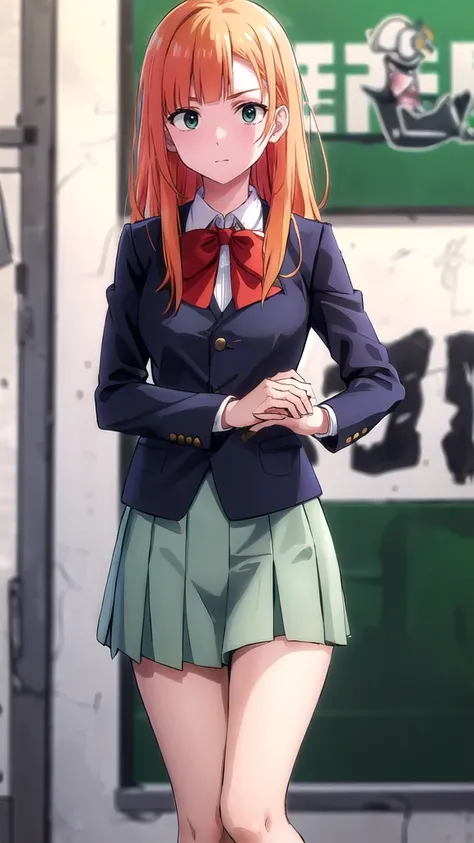 best quality,4k,8k,highres,masterpiece:1.2),umasterpiece,high quality,solo,
Orange hair, green eyes, 
gray skirt, white long sleeve blouse, red bow, , green blazer, high quality, school graffiti in the background. 