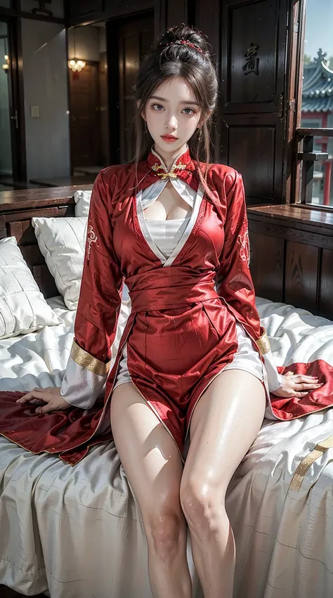 (masterpiece, best quality), Reality, a woman in a Red and gold dress, Hips up, (sitting on a Red bed), white hair, Hips up, cosmetic, blush, shy, look down, cosmetic, (Forehead Point), (2 Red candles), Chinese_clothing, curtain, earrings,Hanfu, Internal, ...