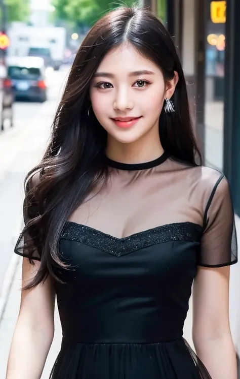 ((highest quality, 8k, masterpiece :1.3)), 1 girl, smile, whole body, Face thinning, Beautiful woman, (Thick black hair), See-through 1.2, Full-length dress :1.1, Highly detailed face, Delicate eyes, double eyelid, Blurred Background, city, External, stree...