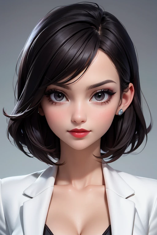 create a hyper realistic vertical photo of most attractive happy woman in her 30s, white skin, in blue rich business suit extra big chest, 36D, Lob (long bob) brown hair, trending on artstation, portrait, digital art, modern, sleek, highly detailed, formal...