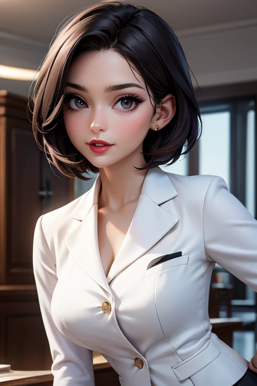 create a hyper realistic vertical photo of most attractive happy woman in her 30s, white skin, in blue rich business suit extra big chest, 36D, Lob (long bob) brown hair, trending on artstation, portrait, digital art, modern, sleek, highly detailed, formal...