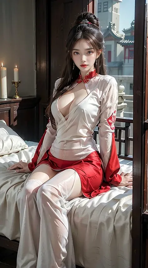 (masterpiece, best quality), Reality, a woman in a red and gold dress, Hips up, (sitting on a red bed), blond hair, Hips up, cosmetic, blush, shy, look down, cosmetic, (Forehead Point), (2 red candles), Chinese_clothing, curtain, earrings,Hanfu, Internal, ...