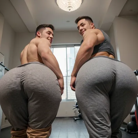 Two male college football players, muscular, jocks, at the gym, athletic, shirtless, dark brown hair, wearing grey sweatpants, big butt, huge ass, curvy men, comically massive ass, bubblebutt, thick, thicc, thick ass, thick legs, thick thighs, huge butt ch...