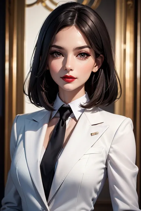 create a hyper realistic vertical photo of most attractive happy woman in her 30s, white skin, in blue rich business suit extra big chest, 36D, Lob (long bob) brown hair, trending on artstation, portrait, digital art, modern, sleek, highly detailed, formal...