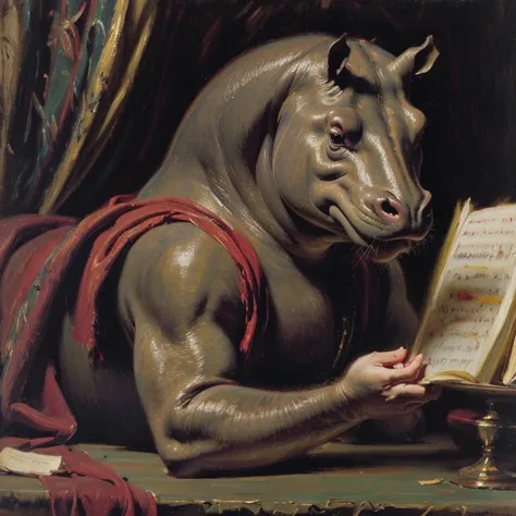 (Masterpiece), (detailed), (high res), (high quality), medieval painting of hippo