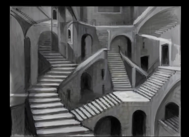 Illustration of stair labyrinth with foxhound on the stairs in gray