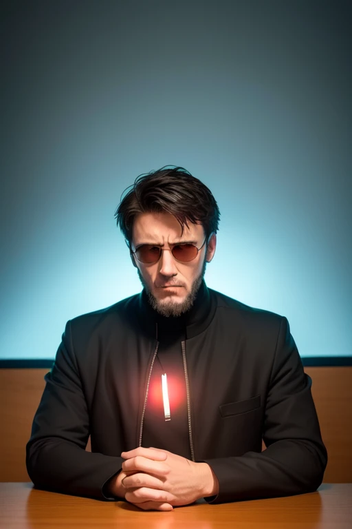 one boy, alone, gendo ikari, black-haired, beard, facial hair, black jacket, red turtleneck, yellow sunglasses, sitting at the t...