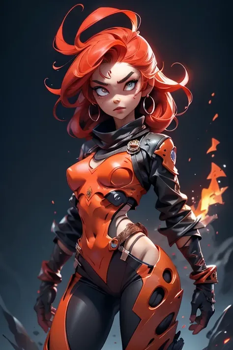 Create an image of a female Lava Demon with a terrifying and mysterious atmosphere。She looks like she came from a burning hell.、Has red/orange lava skin and fiery hair。Her eyes were burning with fire、深みのある暗い色inあり、That gaze is terrifying。Her body is muscula...