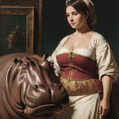 (Masterpiece), (detailed), (high res), (high quality), medieval painting of woman with the head of hippo, (hippo lady)