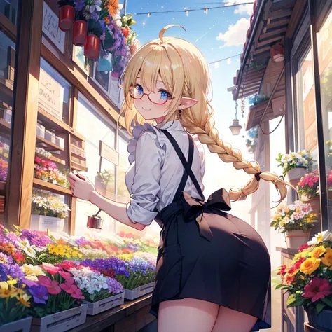 solo, blue eyes, beautiful detailed eyes, glossy blonde hair, from behind, looking back, leaning forward, ((single braid)), ahoge, long hair, ((glasses)), pointy ears, blush, happy smile, ((flower shop)), ((apron)), shadow, dynamic lighting, light particle...