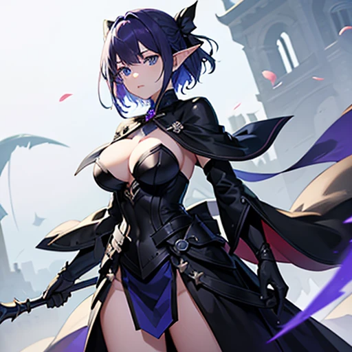 4K、Elf、dark Knight、female、My heart was stained with darkness、全身黒色のdark Knightの衣装、walk、Black Cape、Well-proportioned face、Sharp Eyes、Short Hair、Light purple hair、bright blue eyes、With a bow、Orange aura、Large Breasts、Low exposure、Makai no Mori、from the front、...