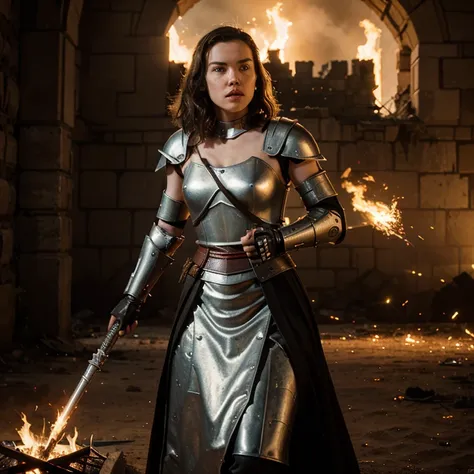 make hyper realistic images of Daisy Ridley as medieval warrior in action with armor similar to damaged and dirty templar armor, holding a fully flaming fire fender guitar in the middle of a battle in front of a burning damaged castle, during the night, 4 ...