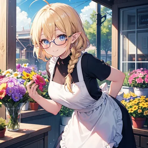 solo, blue eyes, beautiful detailed eyes, glossy blonde hair, ((single braid)), ahoge, long hair, ((glasses)), pointy ears, blush, happy smile, ((flower shop)), ((apron)), shadow, dynamic lighting, light particle, sunlight, outdoor, many flowers, have a bo...