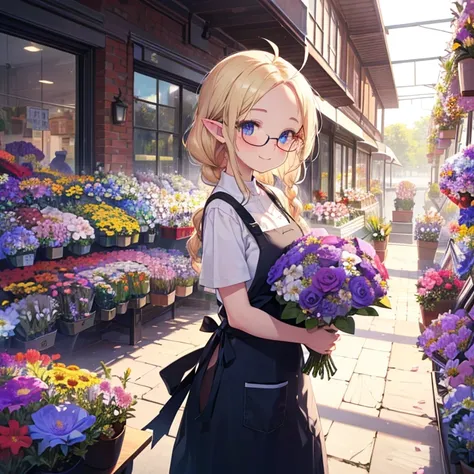 ((loli)), ((hold a big bouquet:1.2)), solo, blue eyes, beautiful detailed eyes, glossy blonde hair, ((single braid)), ahoge, long hair, ((glasses)), pointy ears, blush, happy smile, BREAK((behind flower shop:1.5)), work apron, shadow, dynamic lighting, lig...