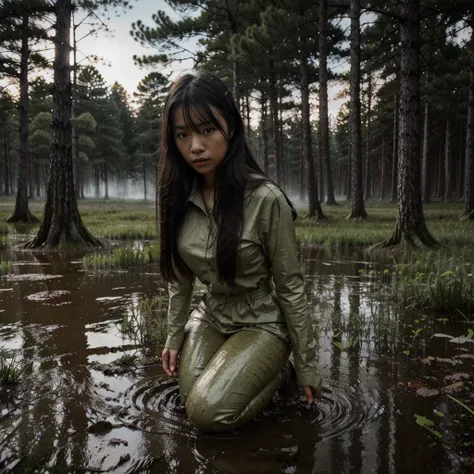 japanese girl covered in mud kneeling down swamp, background is overgrown by pine trees and mist moonlight glaring from the sky, best quality, ultra realistic, perfect body, beautiful face, sad facial expression, night time, full body shot, 8k