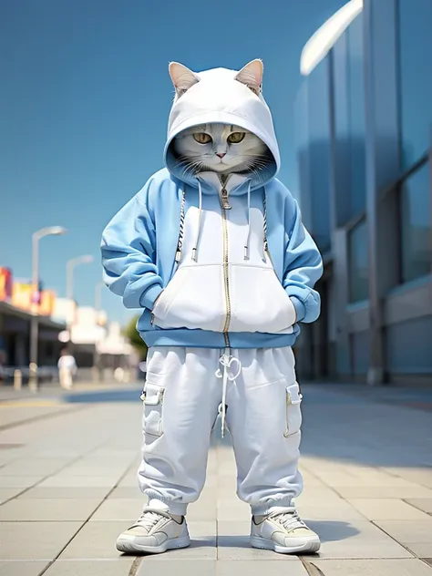 masterpiece, highest quality, cute cat, wearing a blue hooded casual suit, white sneakers, cool expression, cute digital illustr...