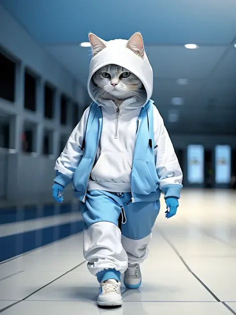 masterpiece, highest quality, cute cat, wearing a blue hooded casual suit, white sneakers, cool expression, cute digital illustr...