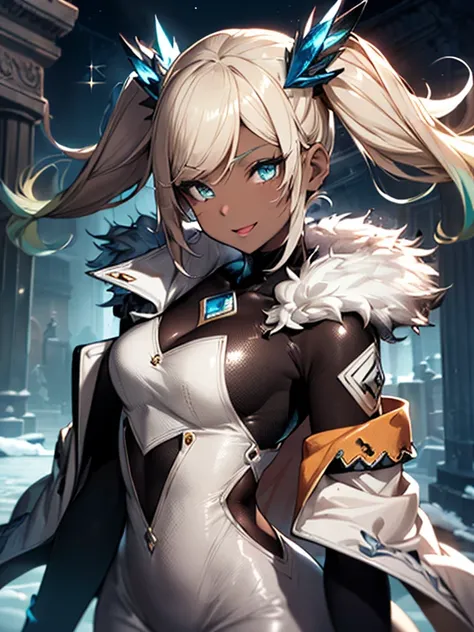 Iooiklas,Platinum Blonde Hair,Twin tails, hair ornaments, White Dress, Black knee socks, 
Removable sleeves,Complex eyes,Beautiful fine details,Symmetrical eyes,Big eyes:1.5,Seductive eyes, 
(((dark skin,dark_skin,lustrous skin:1.5,bright skin: 1.5,
skin t...