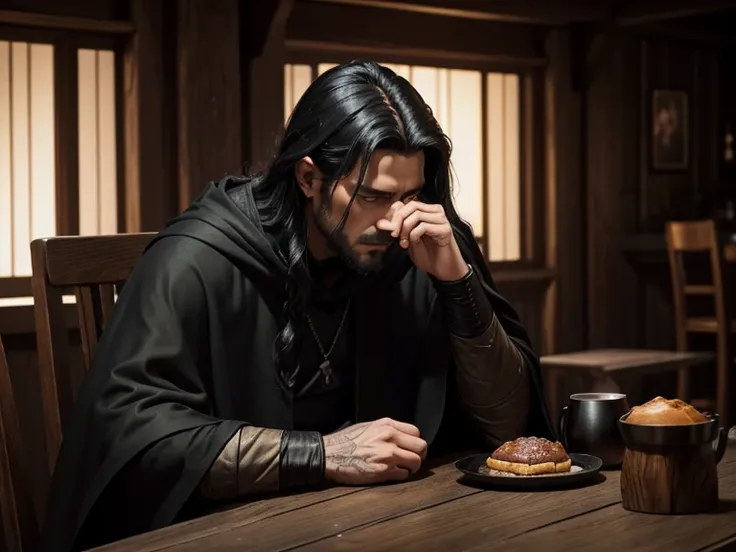 a man in black clothes, a black cloak with long black hair, a pointed nose, thin lips, stubble, sad, sits in a tavern at a wooden table, on the table there is a plate of food and a wooden mug with a handle, medieval side view