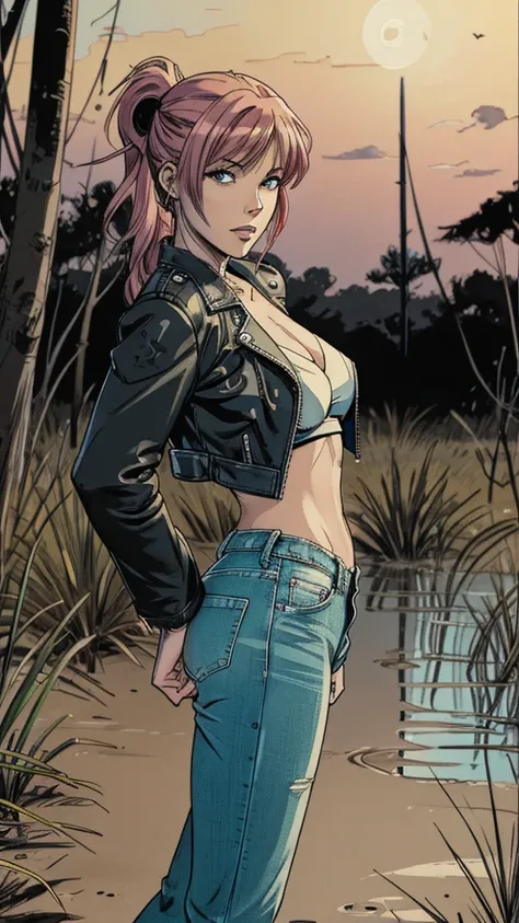 vector image, 2d cartoon,masterpiece, An anime woman,colored hair, masturbation pose:1.2,blushed, tight jeans, heels, leather biker jacket:1.1, provocative pose, orgasm gloomy, touches herself,near swamp, crop-top,heels, looks around, from side