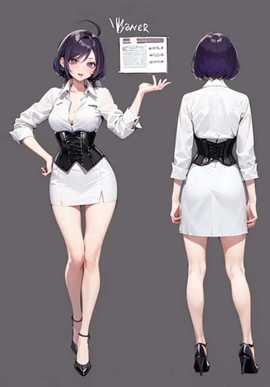 Purple hair,short hair,Adult female,(bartender),((Roll up your shirt sleeves)),(Rolling up the sleeves of his shirt),(corset),(High heels),((Simple Background)),smile,((whole body)),((full body)),Character Sheet,