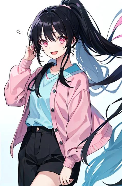 (masterpiece、Top quality、Implications、Very high quality、High level of image quality、Extremely sensitive writing)Girl with long black hair、Joyful expression、Hair blowing in the wind、High Ponytail、Pink eyes、Blue and pink shirt、Black trousers