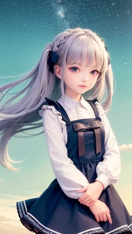 (highest quality, masterpiece), One Girl, Twin tails、stop temporarily, particle, Wind, flower, Upper Body, Simple Background, View your audience, , milky way,smile、Turquoise Eyes、（Silver long hair）、Cute Lolita、Braid、Twin tails、Wind、Crescent Moon