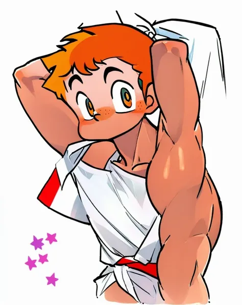 cute 12-years-old ginger irish kid boy, freckles, white bandana, shirtless, athletic physique, strong body