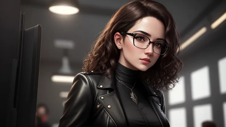 Elegant woman with medium curly brown hair, Brown eyes, Wear glasses,and have a gun,Thin face, Wear modern clothes, Black leather jacket, Blouse with neckline, Leather pants, Gothic style, masterpiece, highest quality, highest quality, Cinema Lighting, (Vo...