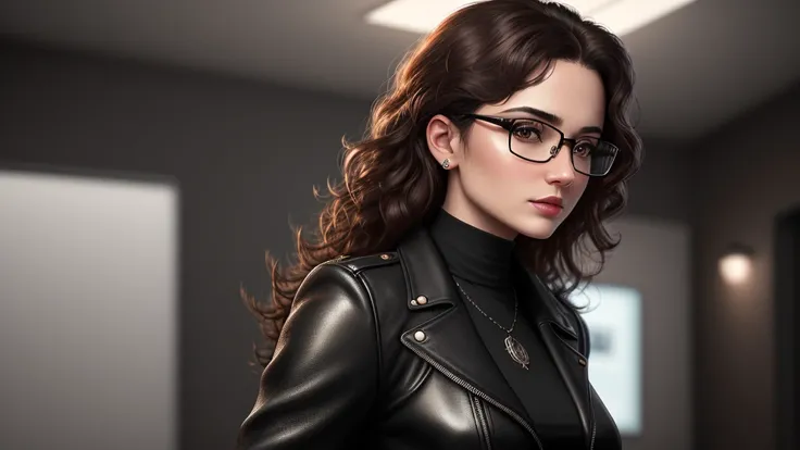 Elegant woman with medium curly brown hair, Brown eyes, Wear glasses,and have a gun,Thin face, Wear modern clothes, Black leather jacket, Blouse with neckline, Leather pants, Gothic style, masterpiece, highest quality, highest quality, Cinema Lighting, (Vo...