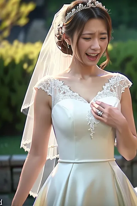 a japanese beautiful woman, 25 years old, , 8k, super detail, best quality, masterpiece, (photorealistic:1.4), (happy crying:1.3), Wedding dress, (From the chest up:1.5), first-person view